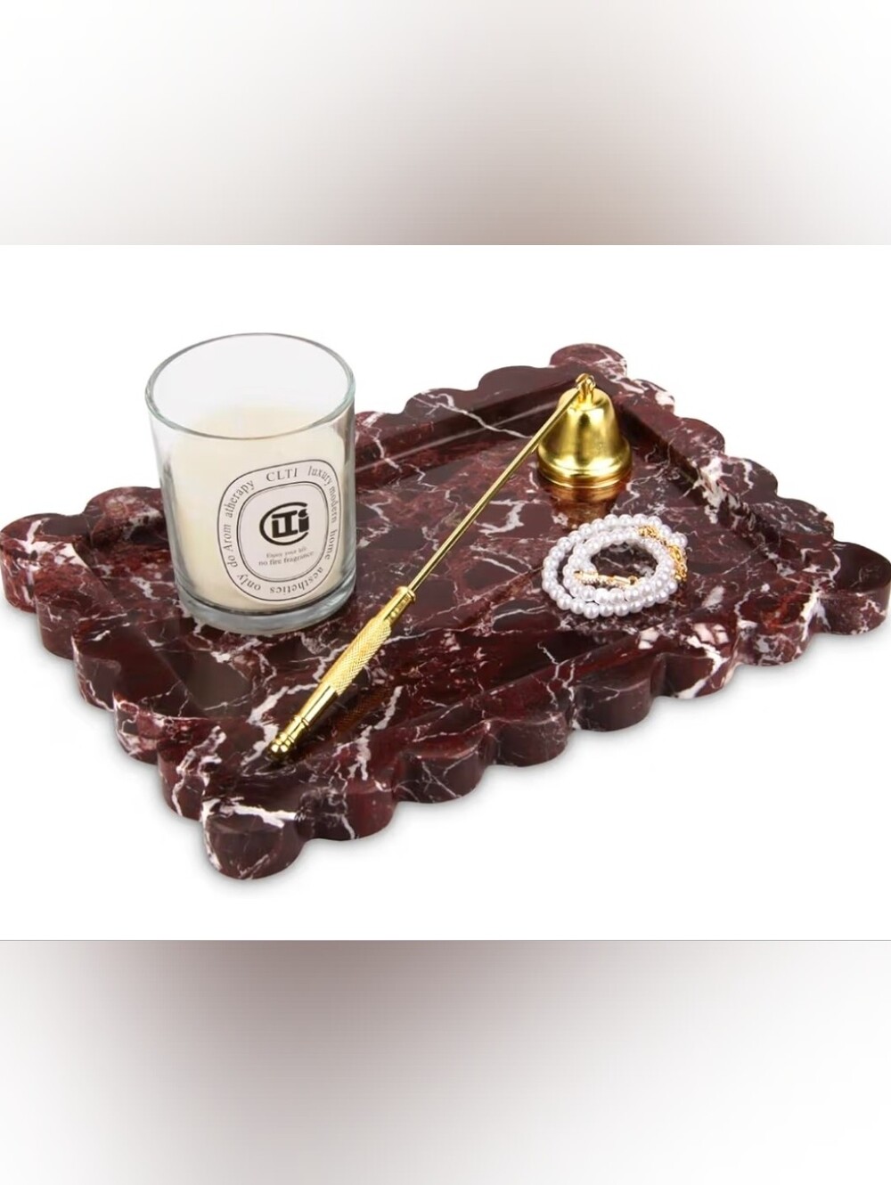Burgundy Marble Tray with Gold Candle Snuffer